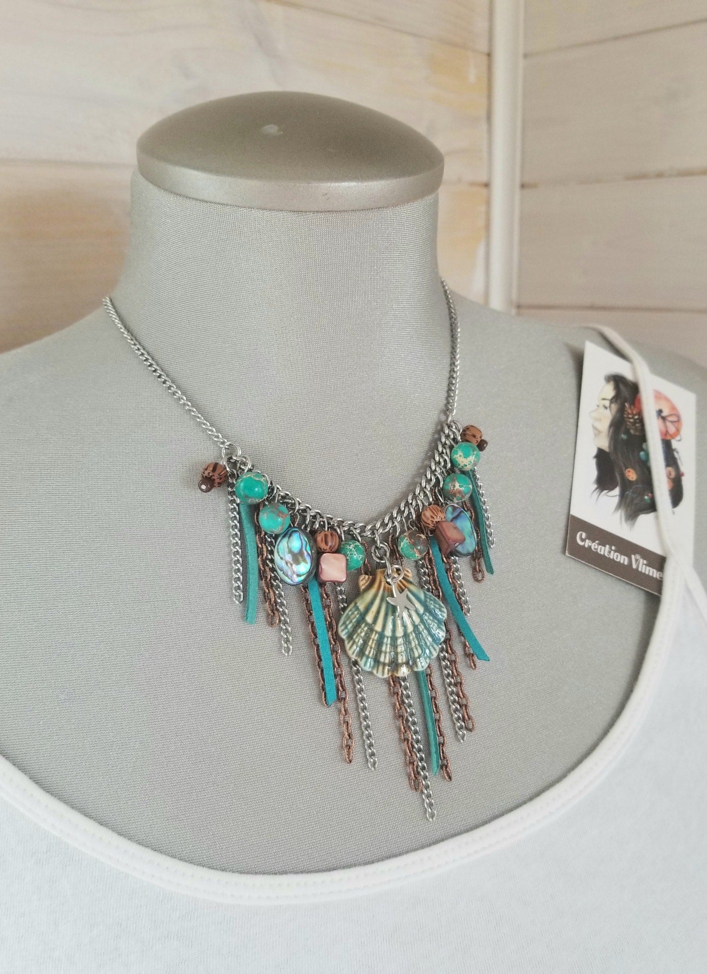 Collier Sirène avec coquillage émeraude-sarcelle