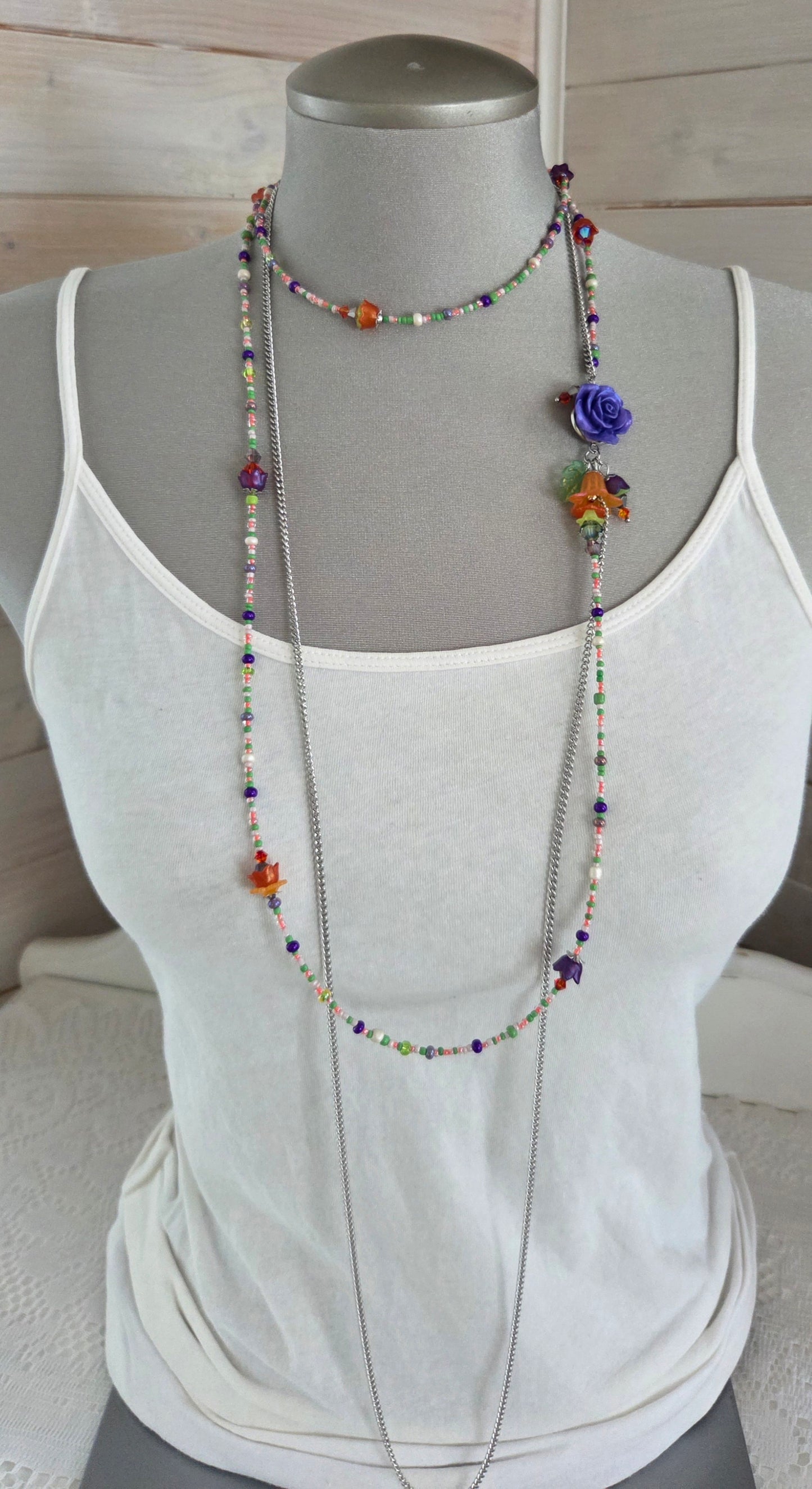 Collier Rosée mauve, orange et vert