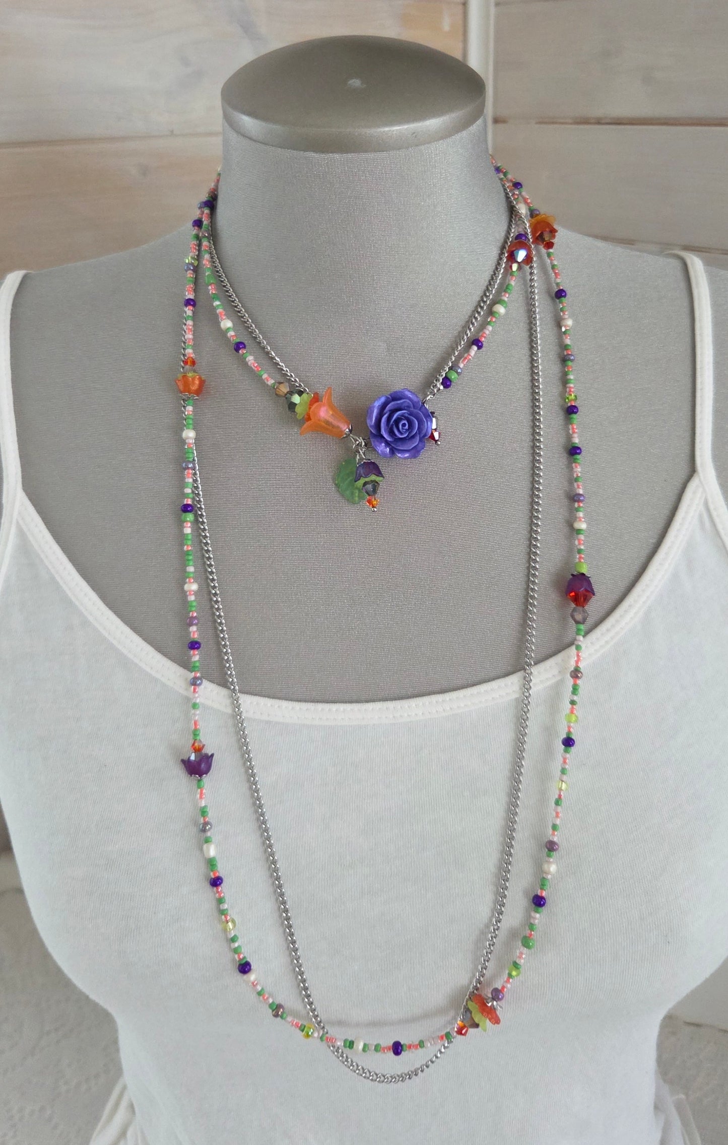Collier Rosée mauve, orange et vert