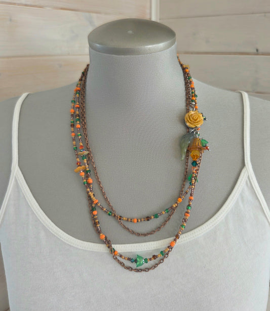 Collier Rosée caramel, orange et vert