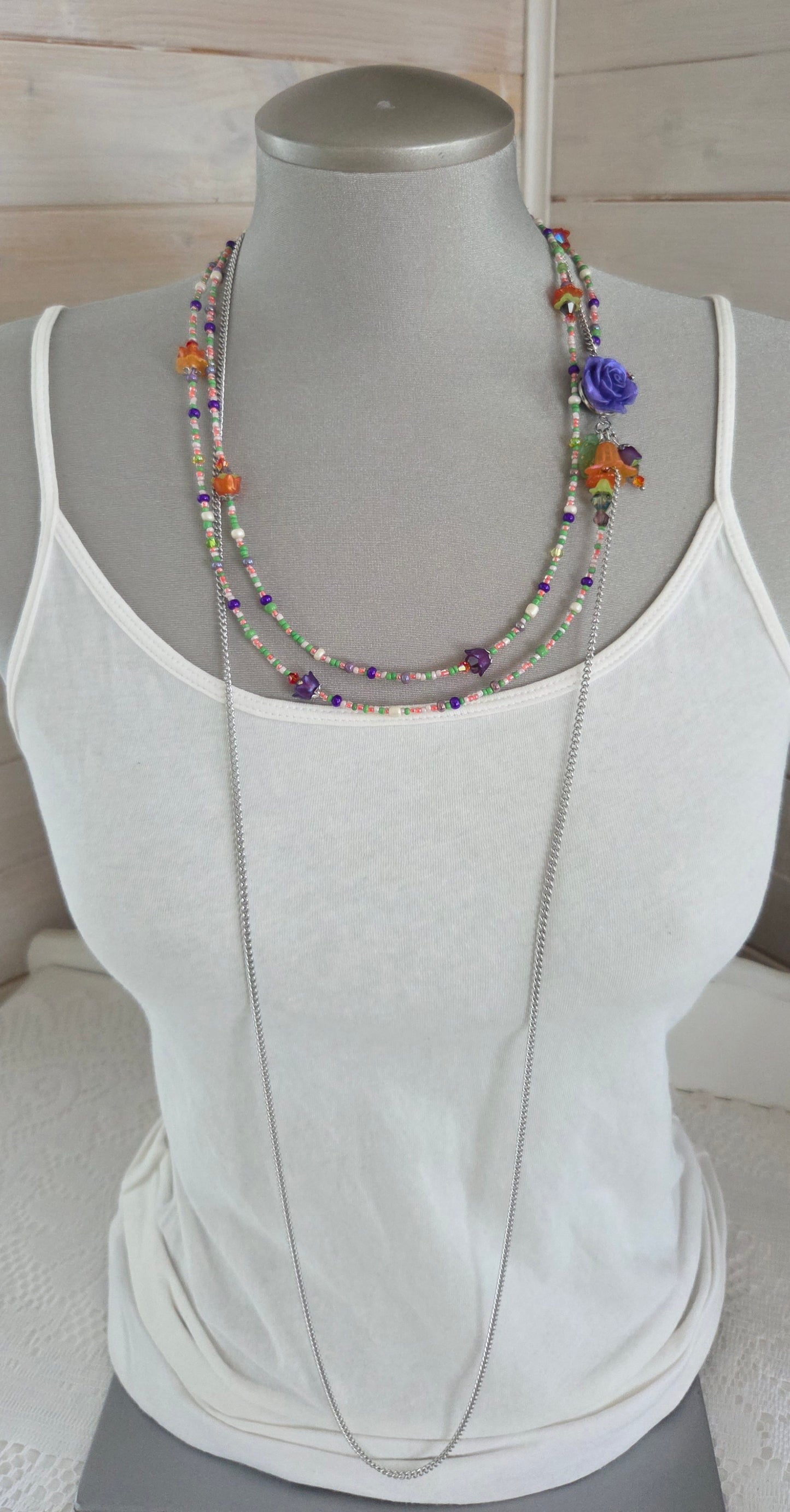 Collier Rosée mauve, orange et vert